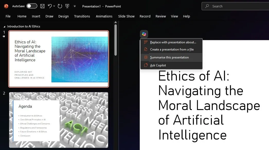 Copilot tóm tắt nội dung thuyết trình trong Microsoft PowerPoint