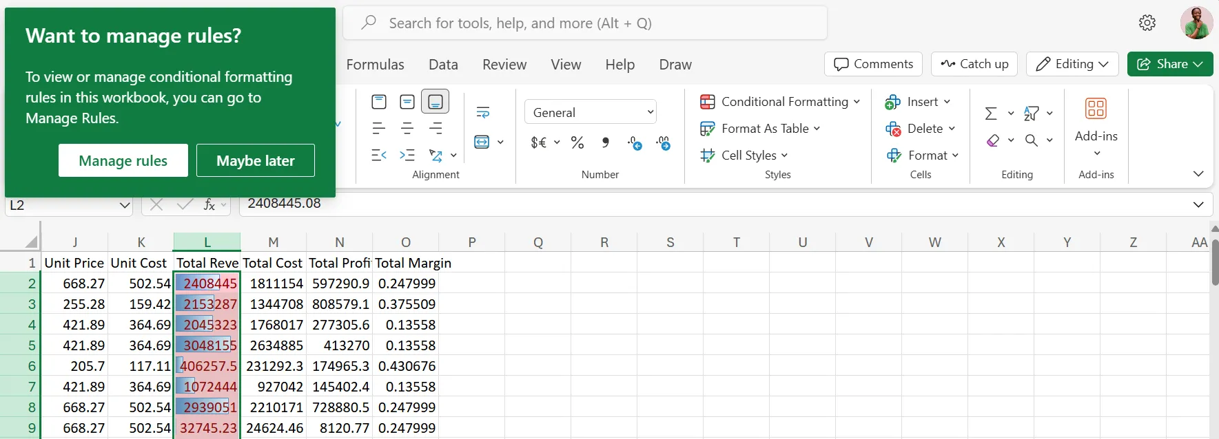 Cửa sổ bật lên "Quản lý Quy tắc Định dạng có Điều kiện" trong Excel Online sau khi áp dụng Data Bars