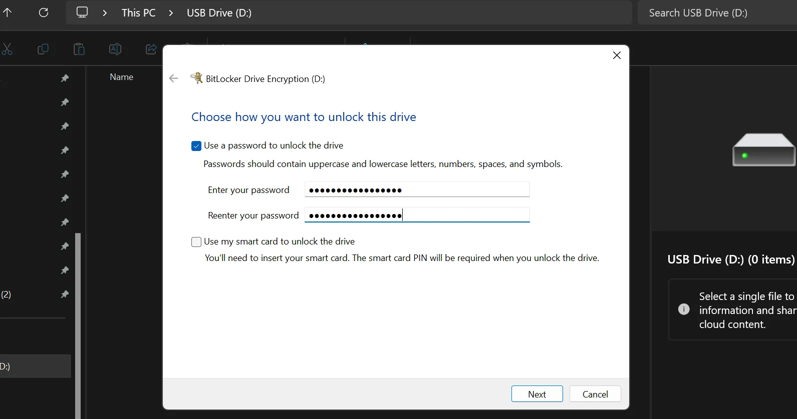 Cửa sổ BitLocker yêu cầu nhập mật khẩu để mã hóa ổ đĩa USB
