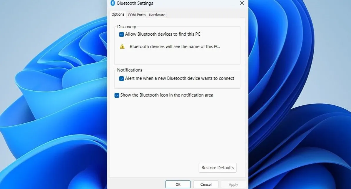 Cửa sổ Cài đặt Bluetooth trên Windows 11