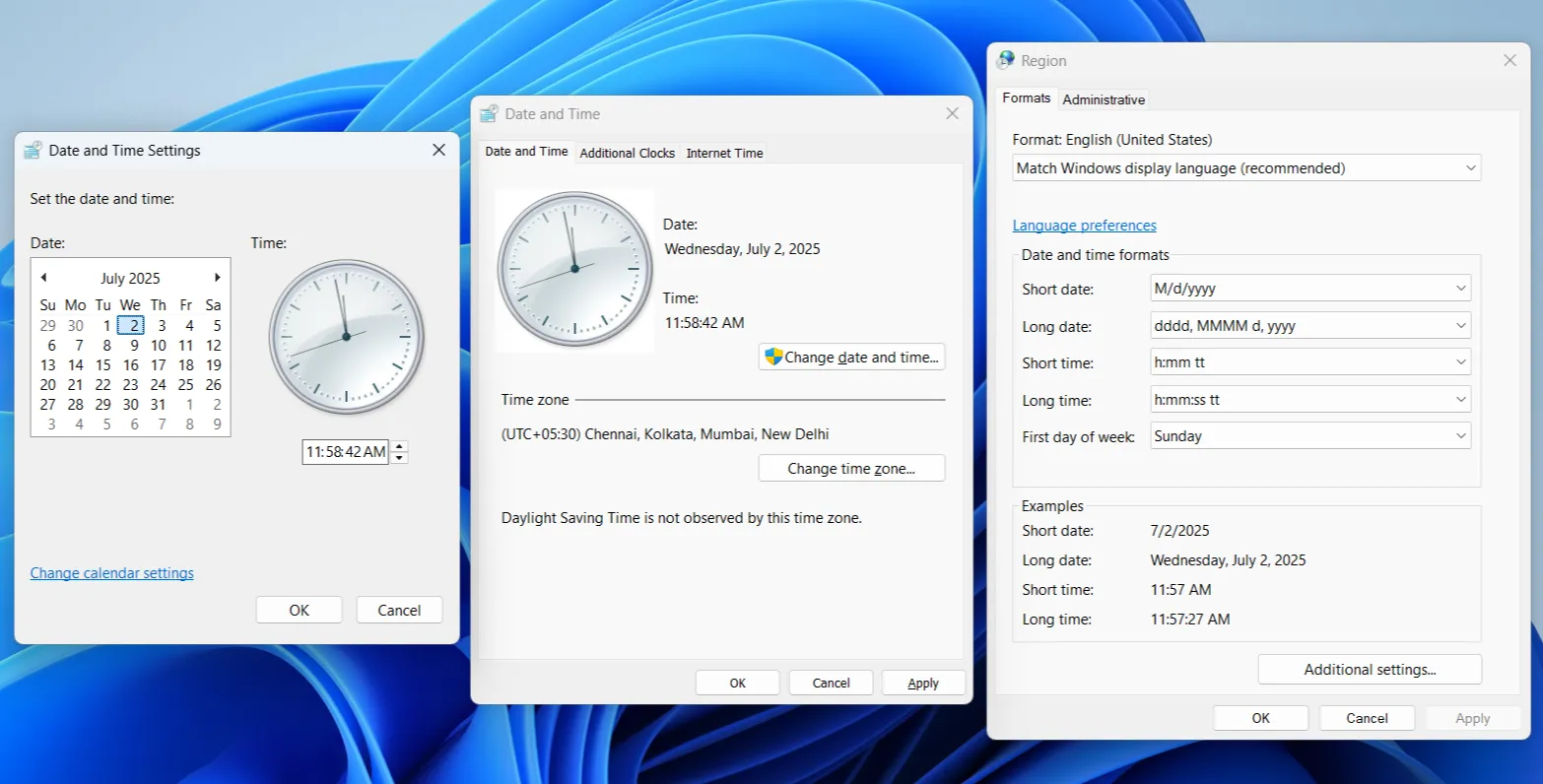 Cửa sổ cài đặt Ngày và Giờ cổ điển trên Windows