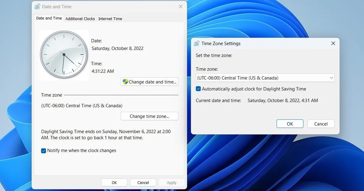 Cửa sổ Cài đặt Ngày và Giờ, Múi giờ trên Windows 11 trong Control Panel
