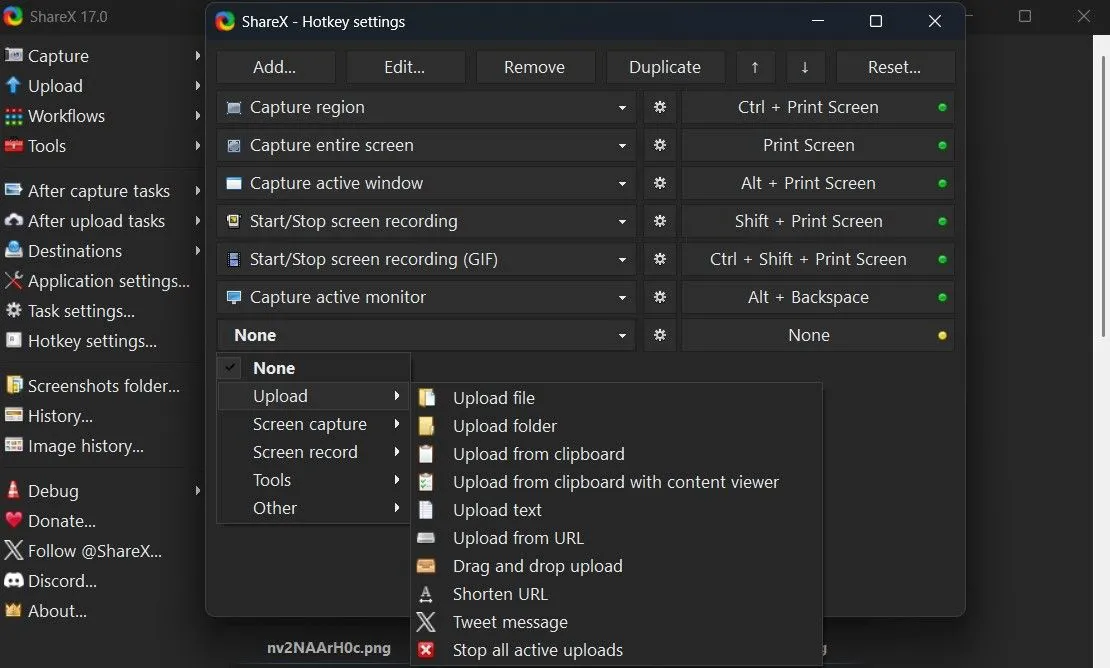 Cửa sổ cài đặt phím tắt (Hotkey settings) của ShareX