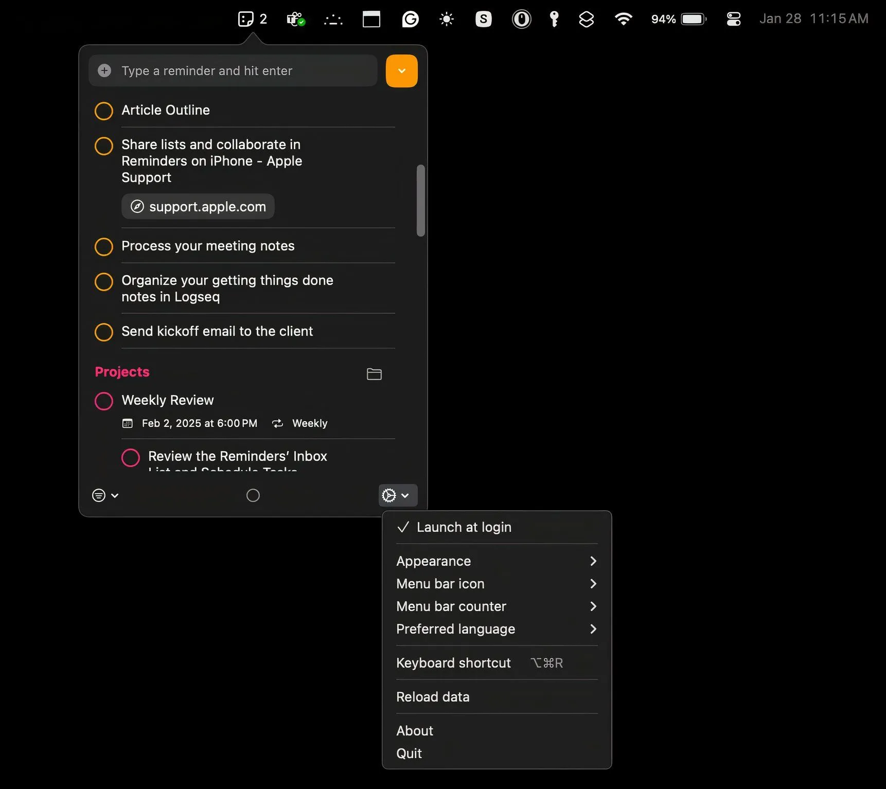 Cửa sổ cài đặt ứng dụng Reminders MenuBar cho phép tùy chỉnh và thiết lập phím tắt nhanh