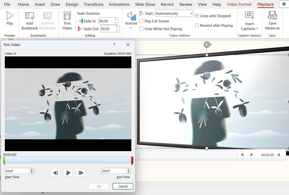 Cửa sổ Cắt xén Video (Trim Video) trong PowerPoint để điều chỉnh thời lượng và âm lượng phát lại.