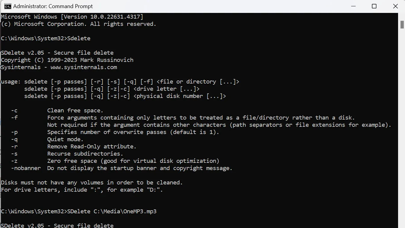Cửa sổ Command Prompt hiển thị SDelete License Agreement khi chạy công cụ lần đầu