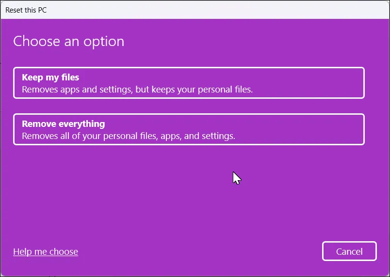 Cửa sổ 'Đặt lại PC này' với các tùy chọn đặt lại hệ thống trên Windows 11: giữ lại tệp hoặc xóa mọi thứ