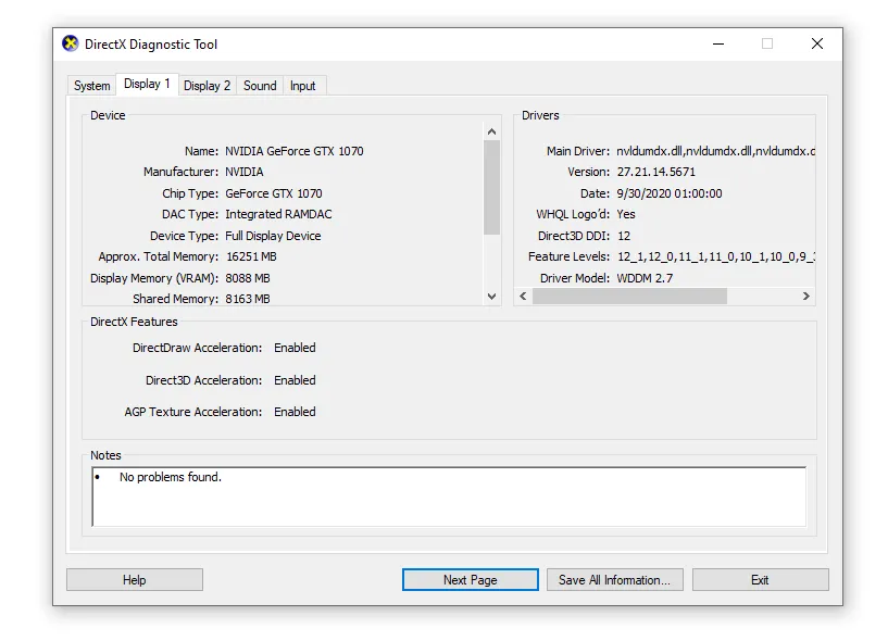 Cửa sổ DirectX Diagnostic Tool hiển thị thông tin card đồ họa và màn hình