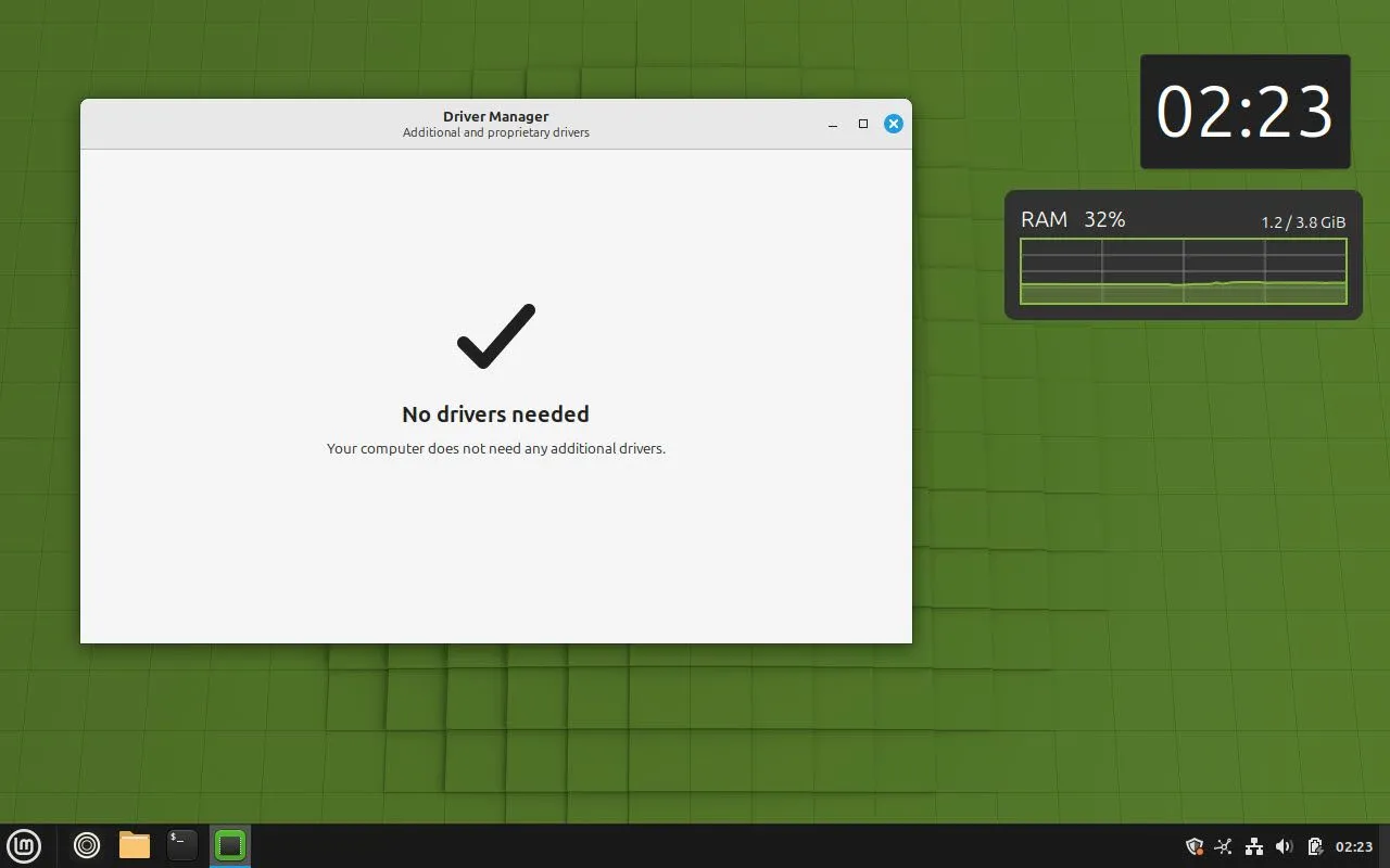 Cửa sổ Driver Manager trên Linux Mint, hiển thị danh sách và trạng thái các driver phần cứng.