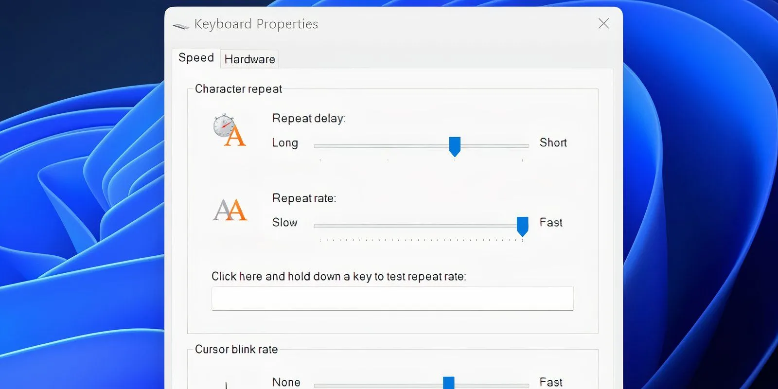 Cửa sổ Keyboard Properties điều chỉnh Repeat Delay và Repeat Rate để khắc phục độ trễ bàn phím.