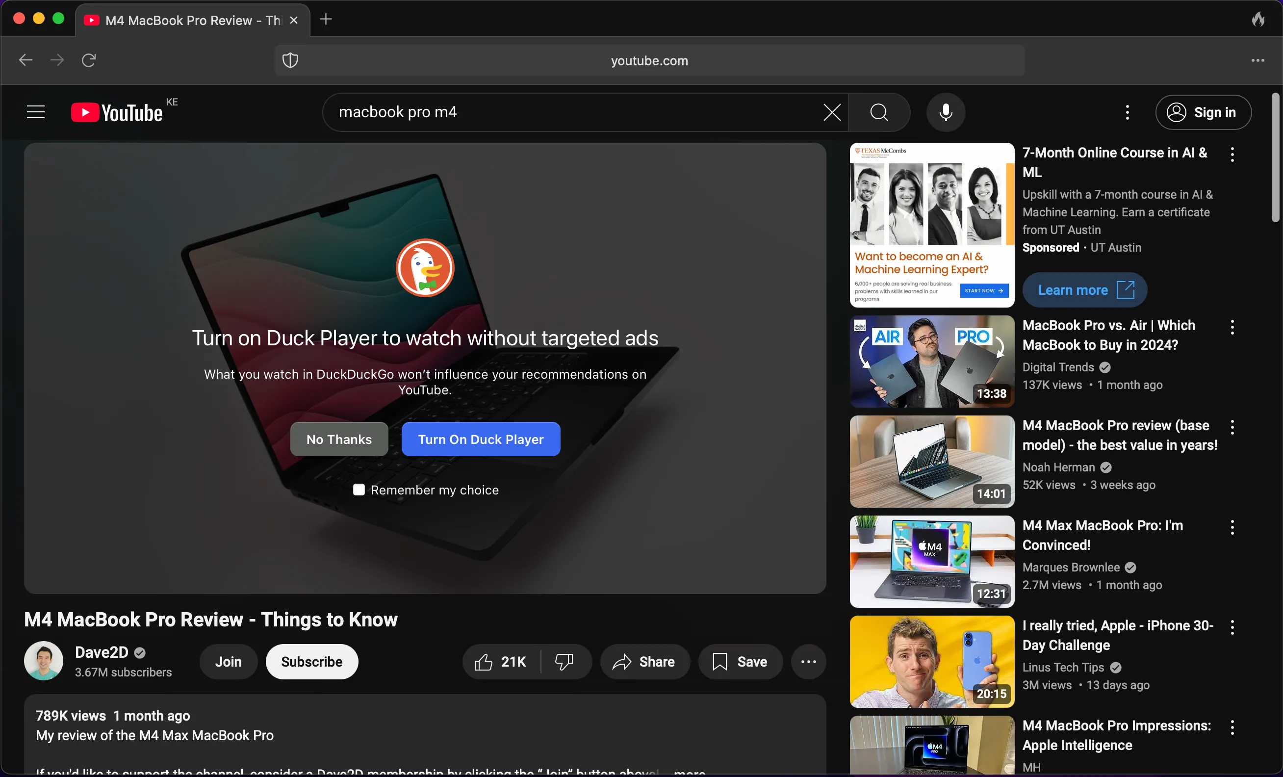 Cửa sổ lựa chọn Duck Player khi xem video YouTube trong trình duyệt DuckDuckGo