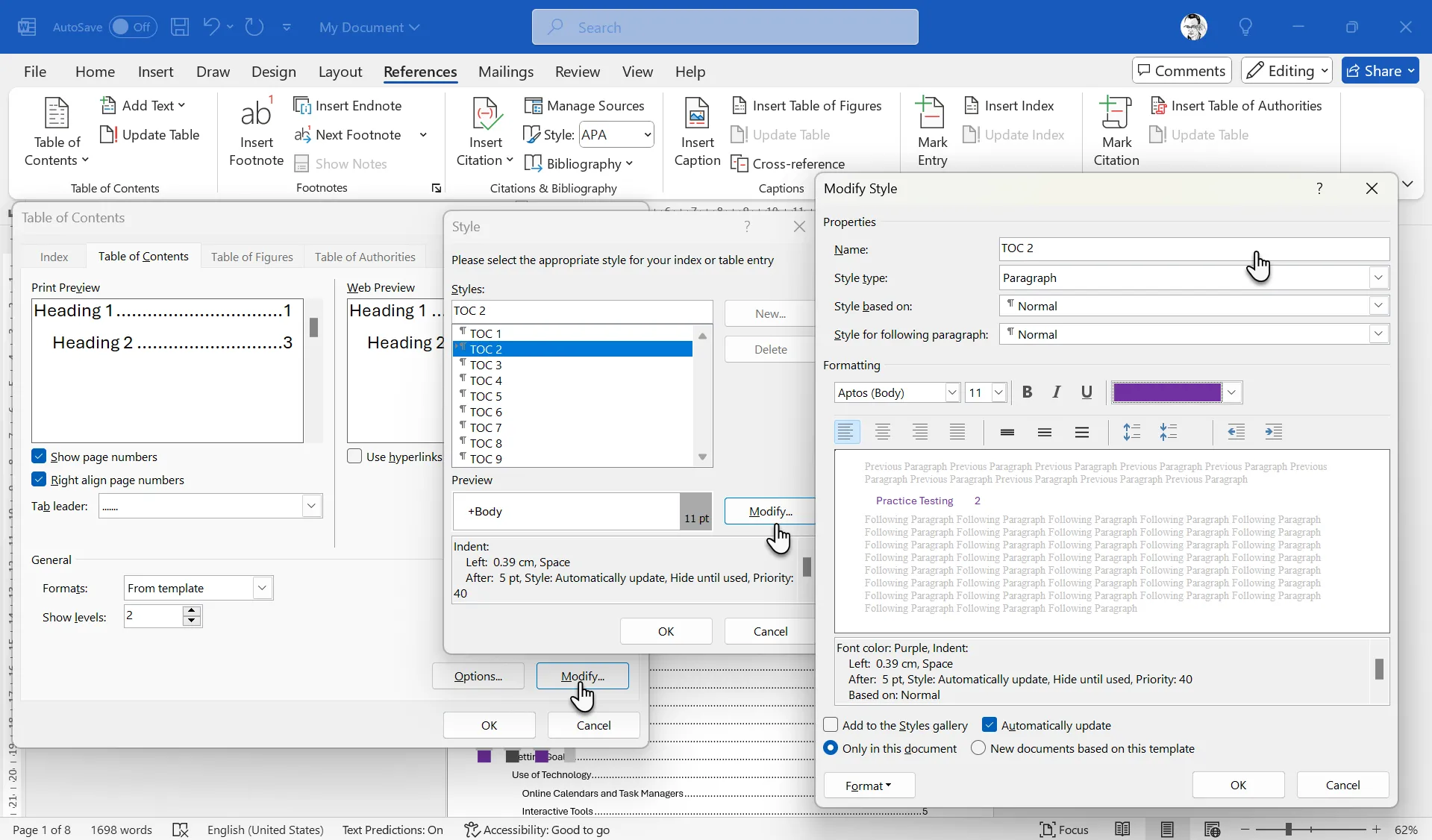 Cửa sổ Modify Style của Microsoft Word hiển thị tùy chọn tùy chỉnh cho TOC1 (cấp độ 1 của mục lục), với các tùy chọn thay đổi font, kích thước, và màu sắc, hỗ trợ người dùng tạo kiểu riêng cho các cấp độ mục lục.