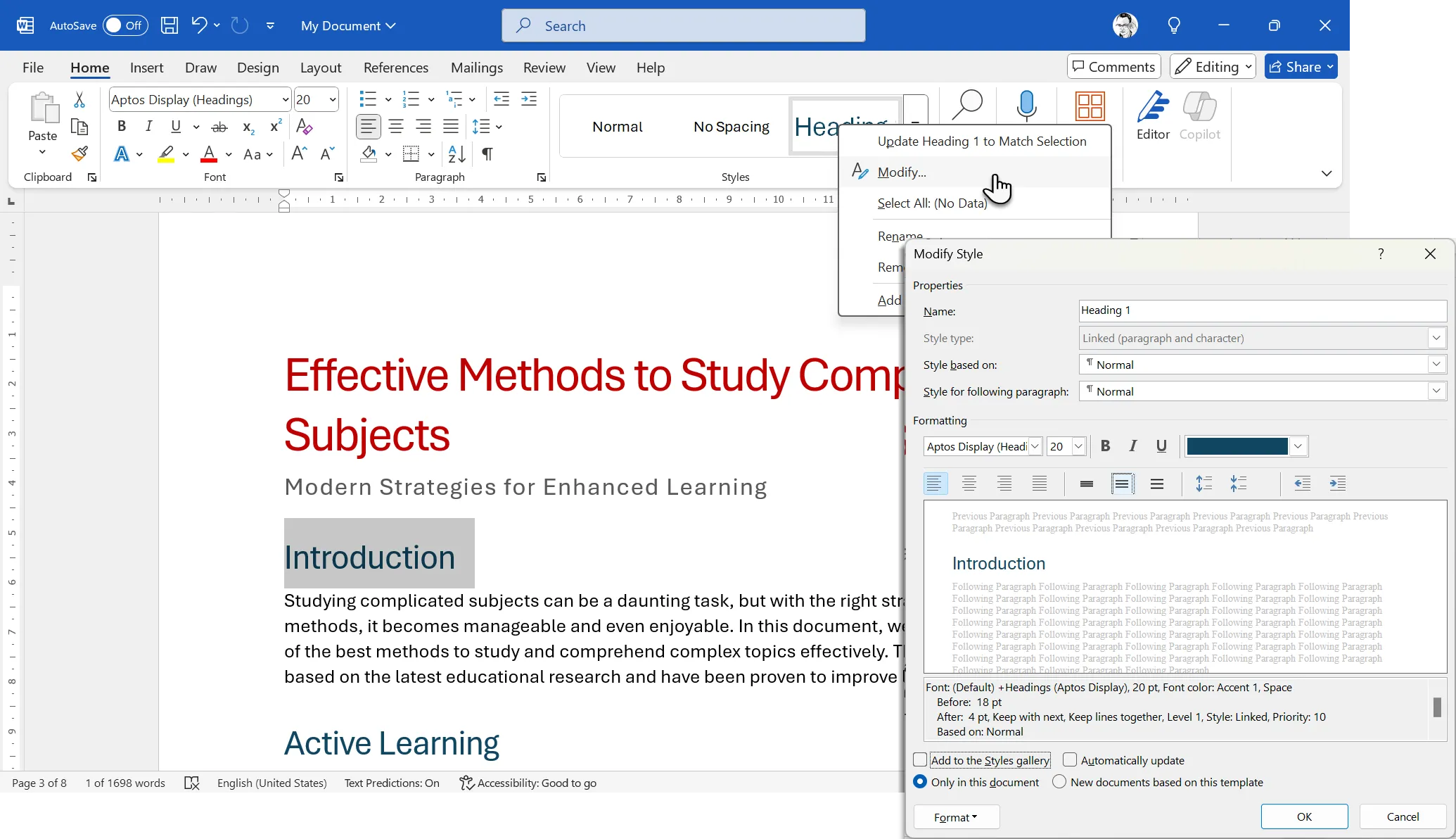 Cửa sổ Modify Style trong Microsoft Word hiển thị các tùy chọn định dạng font, kích thước, màu sắc và căn chỉnh cho Heading 2, giúp người dùng tùy chỉnh phong cách tiêu đề cho mục lục.
