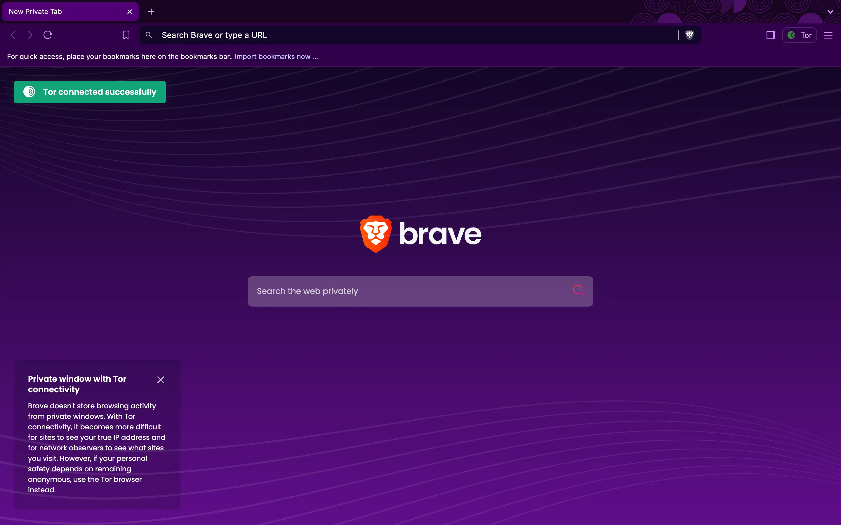 Cửa sổ mới của trình duyệt Brave ở chế độ riêng tư Tor, hiển thị thông báo kết nối với mạng Tor