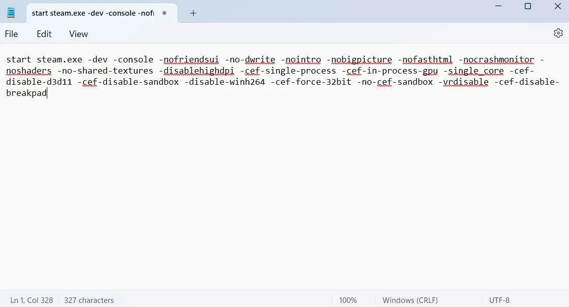 Cửa sổ Notepad hiển thị các lệnh Steam EXE để tạo tệp batch tối ưu