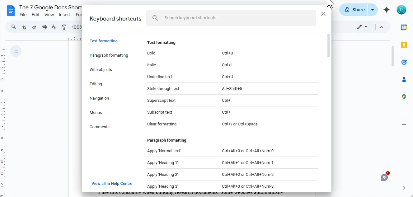Cửa sổ phím tắt Google Docs hiển thị danh sách đầy đủ các tổ hợp phím