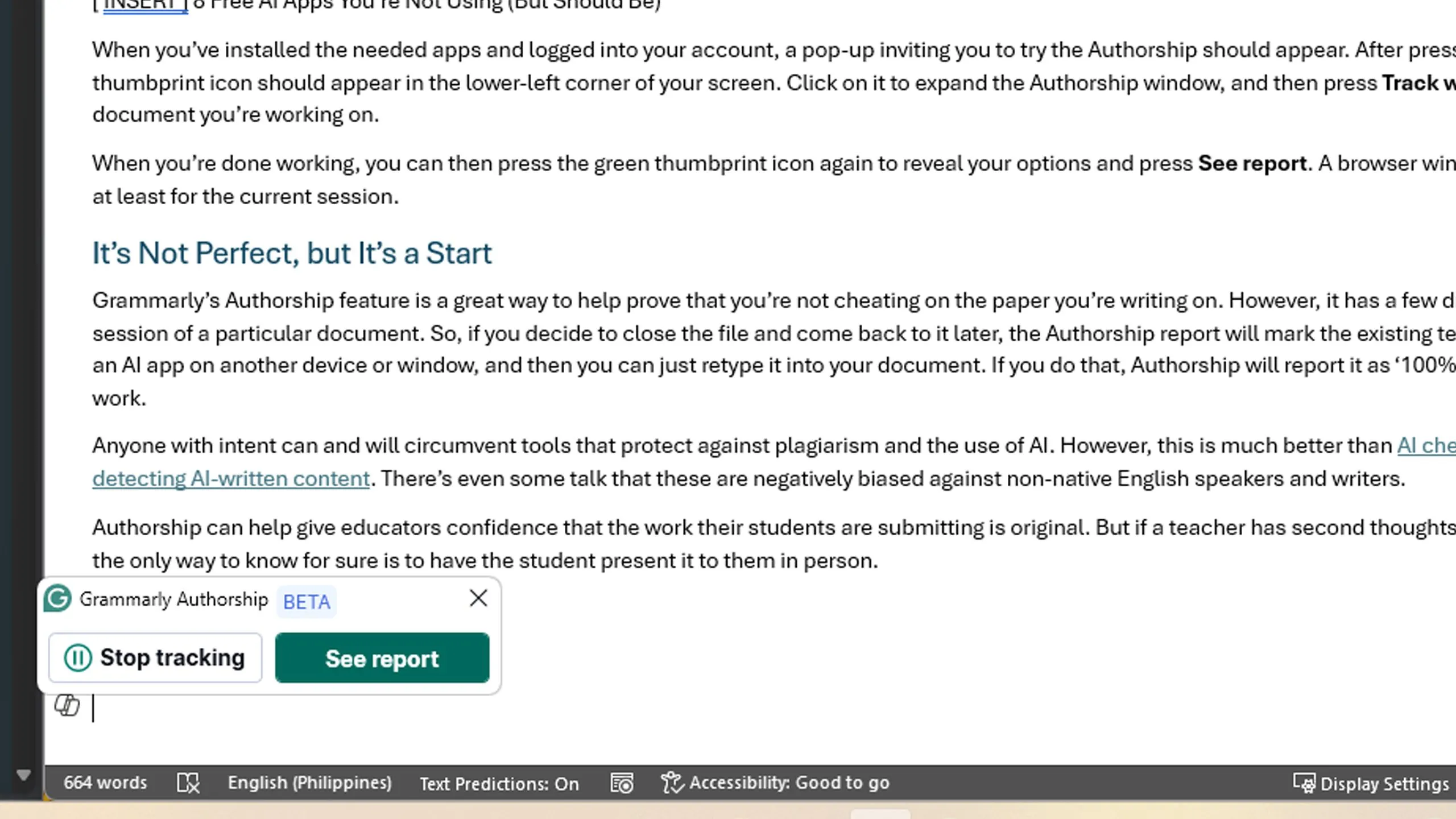 Cửa sổ pop-up mời dùng Grammarly Authorship hiển thị tùy chọn bắt đầu theo dõi hoạt động viết