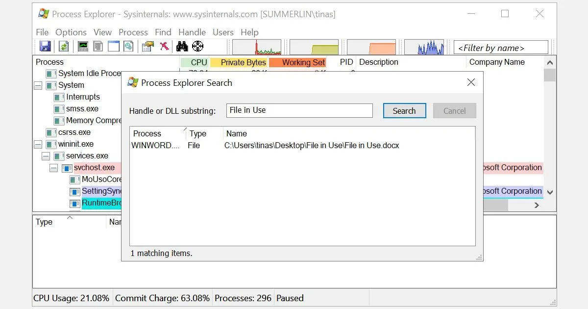 Cửa sổ &quot;Process Explorer Search&quot; của công cụ Process Explorer, dùng để tìm kiếm tiến trình đang sử dụng một file cụ thể.