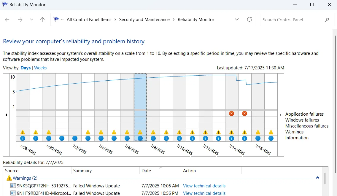 Cửa sổ Reliability Monitor trong Windows 11 hiển thị độ ổn định hệ thống