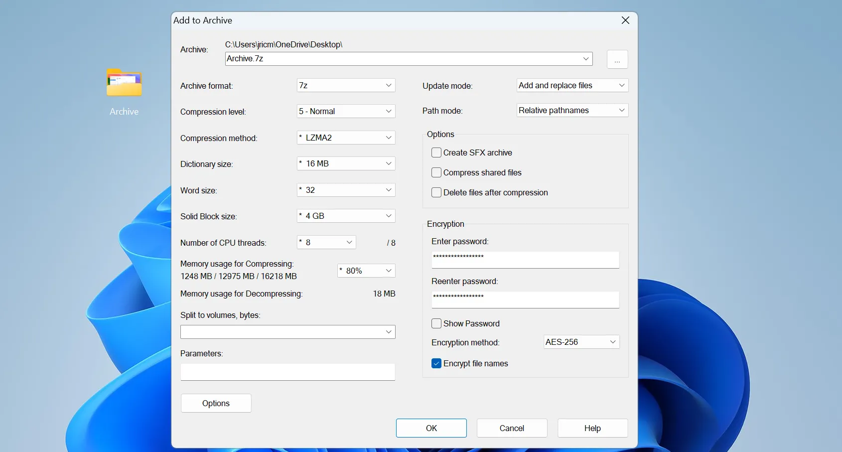 Cửa sổ thiết lập mật khẩu và tùy chọn mã hóa tên file trong 7-Zip cho tệp tin nén