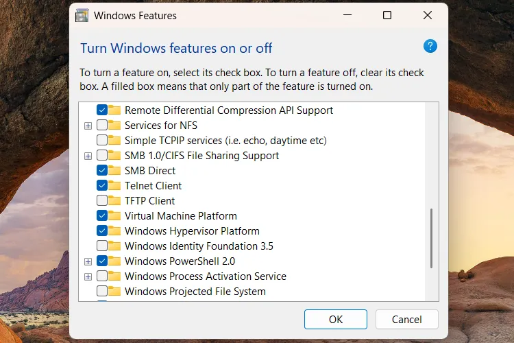 cửa sổ tính năng Windows bật hoặc tắt Telnet