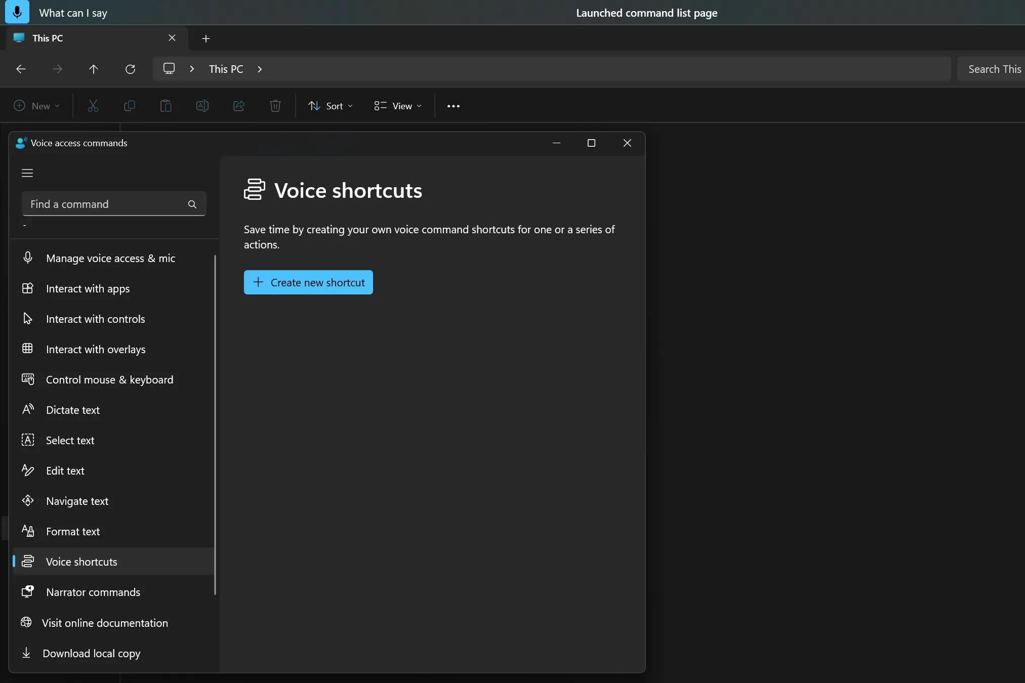 Cửa sổ tùy chỉnh phím tắt giọng nói Voice Access trên Windows 11
