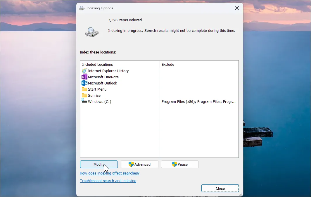 Cửa sổ tùy chọn lập chỉ mục (Indexing Options) trên màn hình Windows 11, hiển thị cài đặt để tăng tốc tìm kiếm.