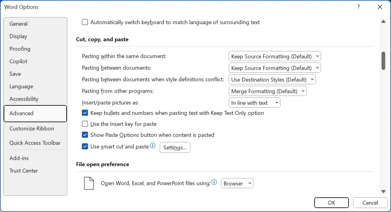 Cửa sổ tùy chọn nâng cao trong Microsoft Word, nơi người dùng có thể cấu hình các hành vi dán mặc định cho các tình huống khác nhau