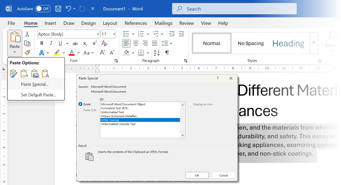 Cửa sổ tùy chọn Paste Special trong Microsoft Word hiển thị các lựa chọn định dạng khi dán văn bản