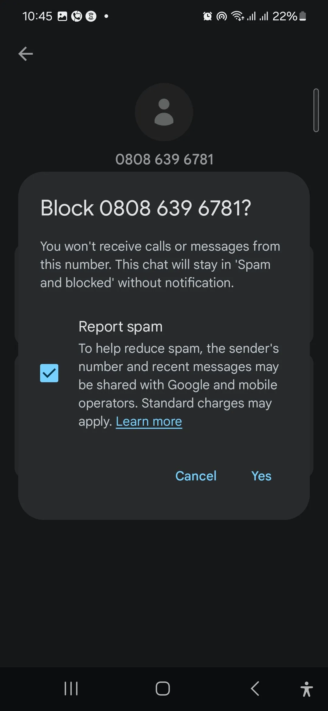 Cửa sổ xác nhận chặn và báo cáo số điện thoại spam trên điện thoại