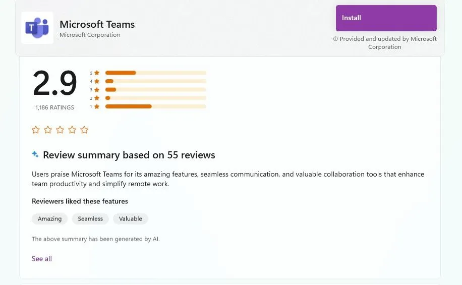 Đánh giá 2.9 sao của Microsoft Teams trên Microsoft Store