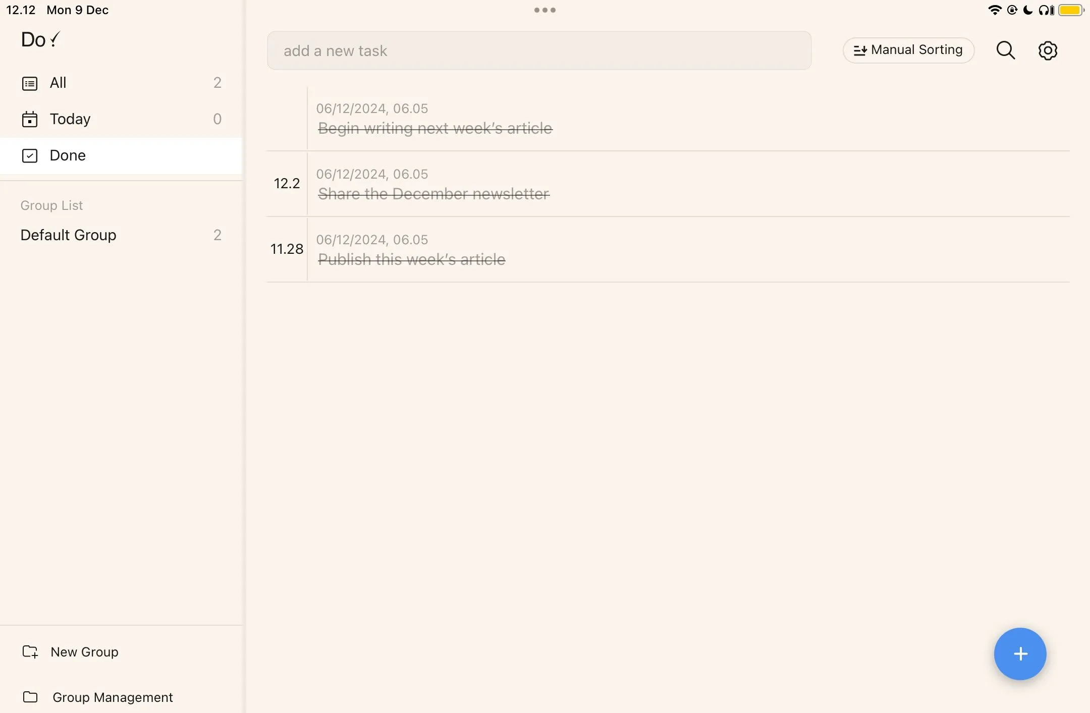 Danh sách các công việc đã hoàn thành &quot;Done List&quot; trong ứng dụng Do! giúp theo dõi tiến độ.
