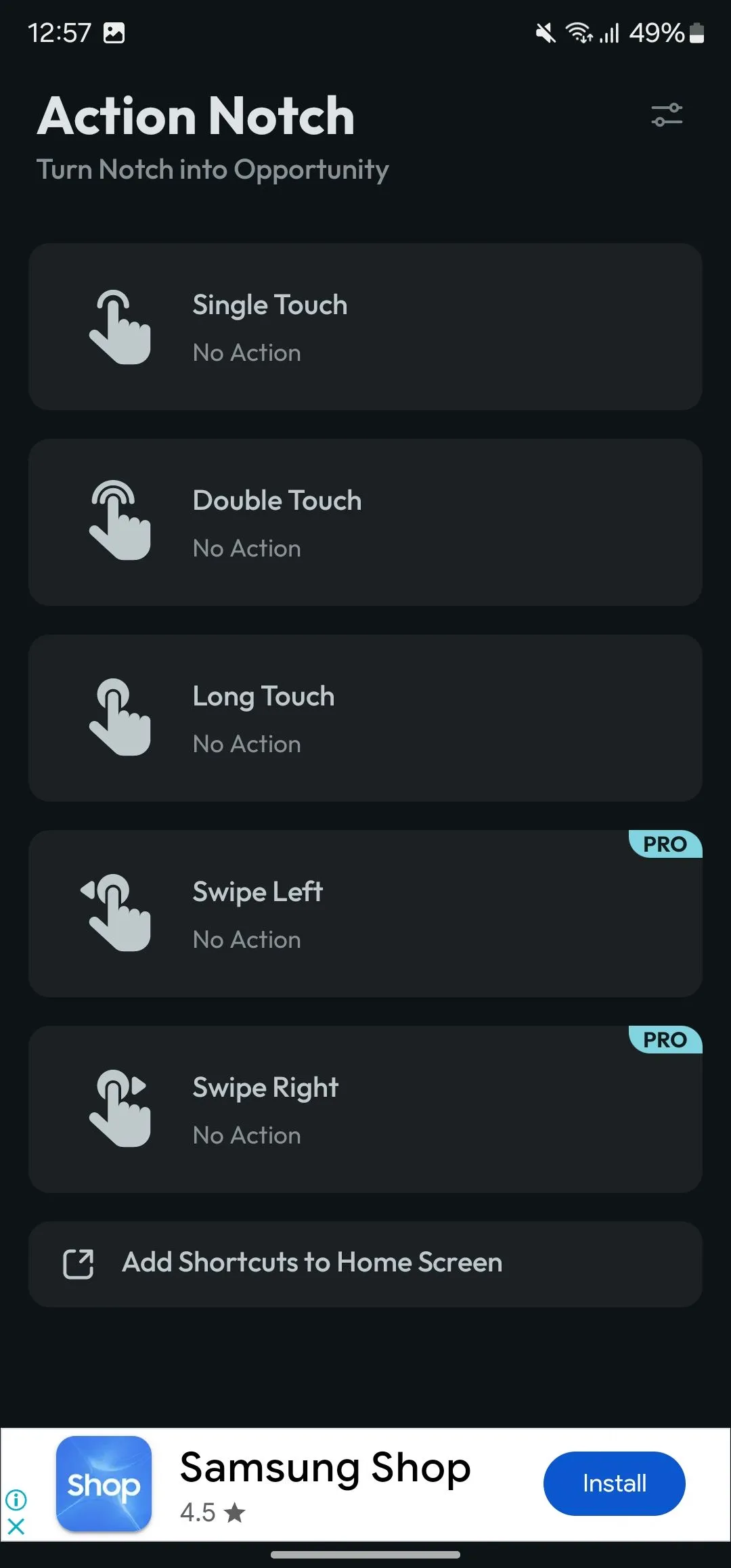 Danh sách các cử chỉ chạm được hỗ trợ trong ứng dụng Action Notch
