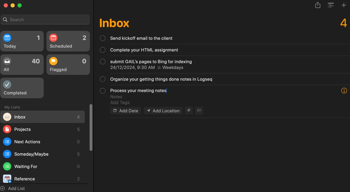 Danh sách các mục hành động trong Hộp thư đến (Inbox List) của ứng dụng Apple Reminders, ví dụ về quản lý tác vụ trong PKMS
