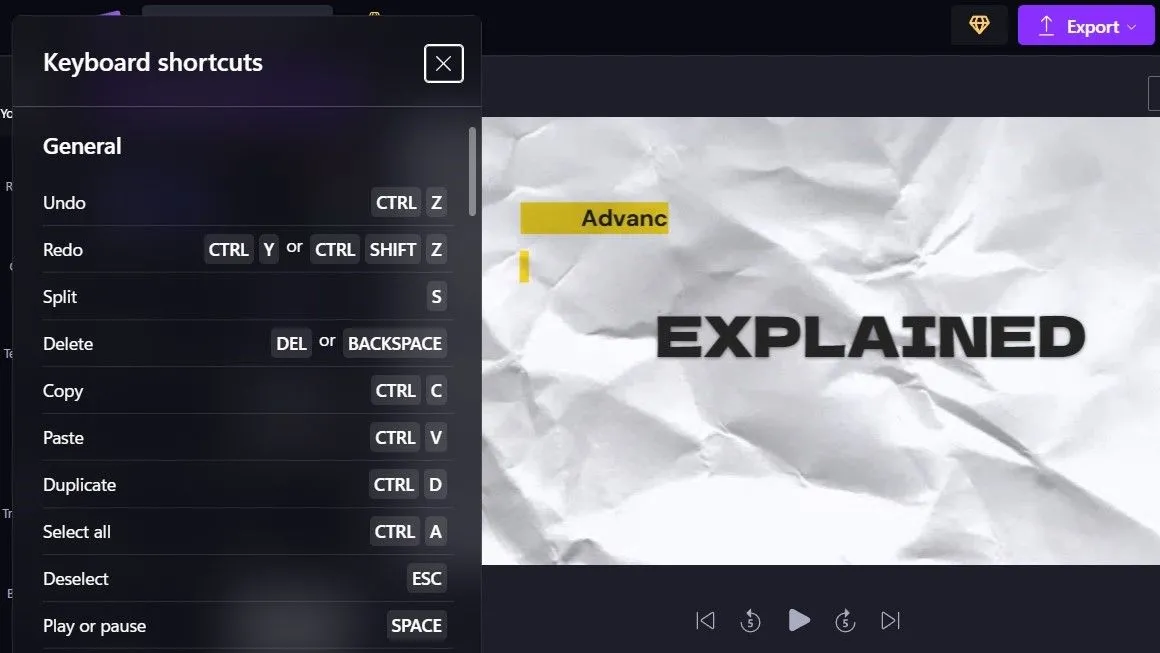 Danh sách các phím tắt bàn phím tiện ích trong Microsoft Clipchamp