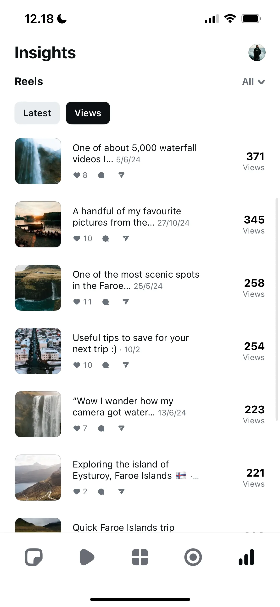 Danh sách các Reels của Instagram hiển thị trong giao diện ứng dụng Edits, minh họa khả năng quản lý hiệu suất nội dung trực tiếp