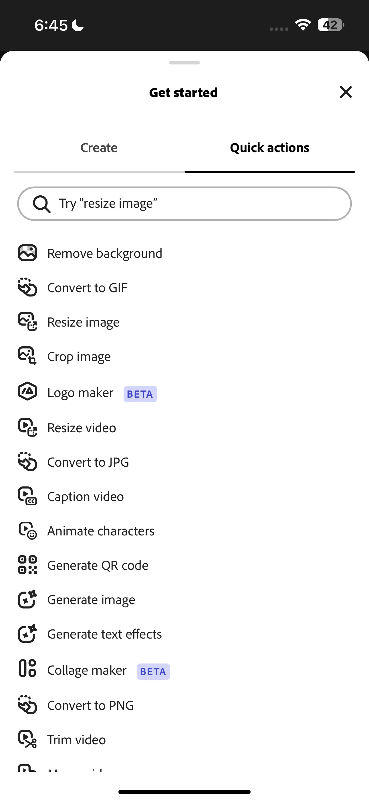 Danh sách các tính năng "Hành động nhanh" trong Adobe Express