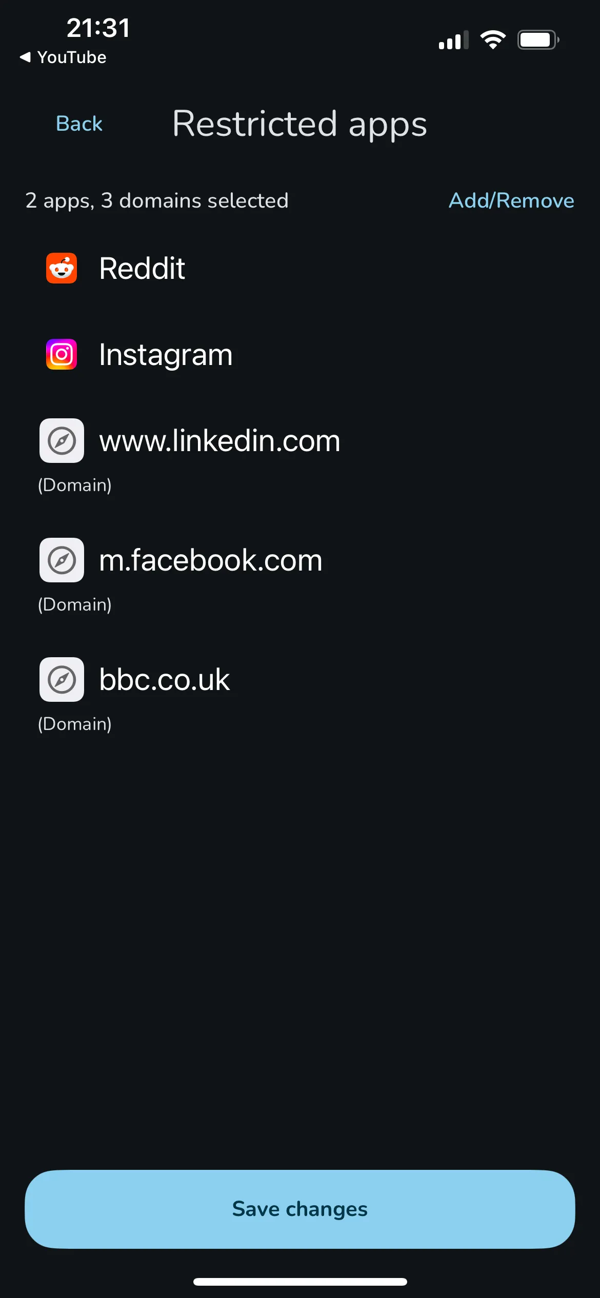 Danh sách các ứng dụng bị hạn chế trong Steppin (Instagram, Reddit, BBC News, LinkedIn, Facebook), minh họa các ứng dụng &quot;có hại&quot; mà người dùng muốn kiểm soát