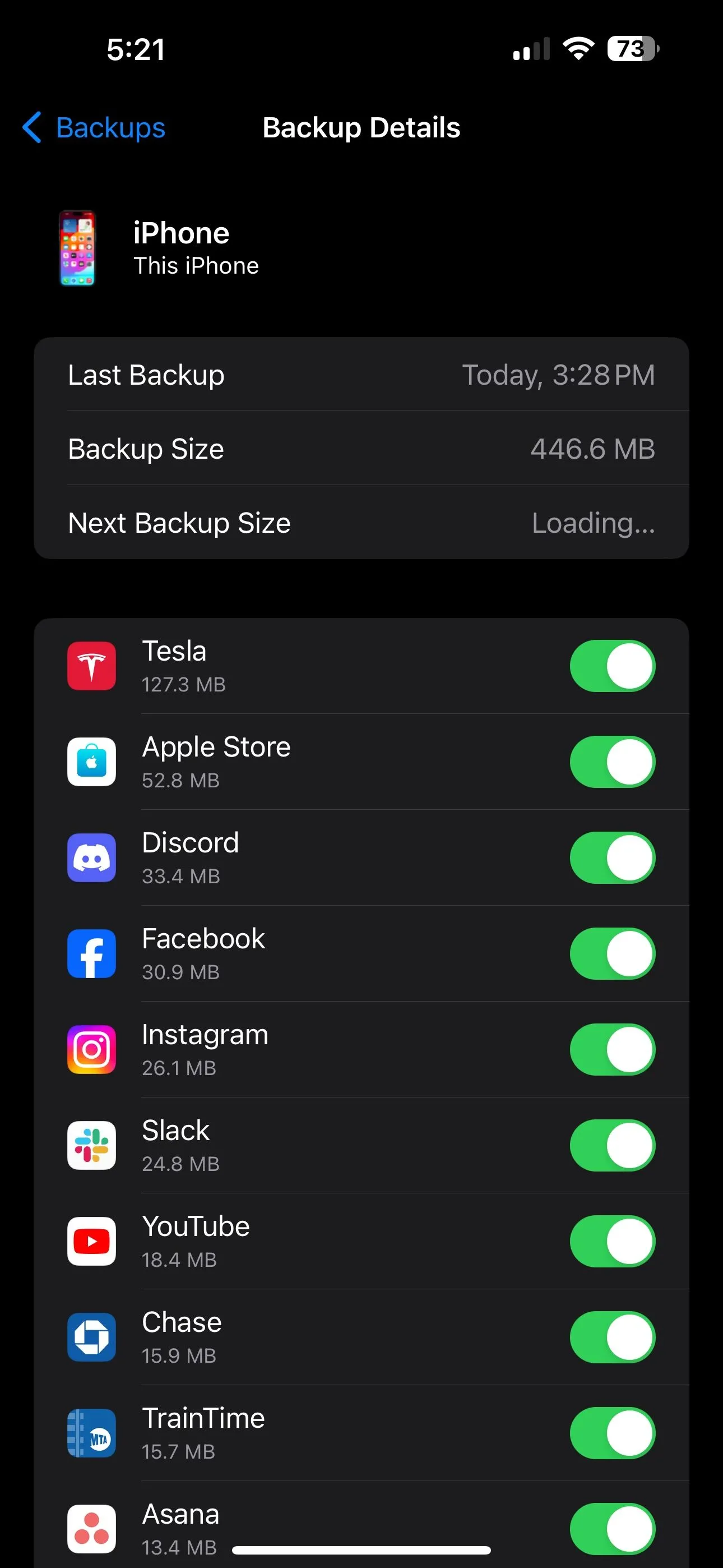 Danh sách các ứng dụng được sao lưu trong cài đặt iCloud trên iPhone