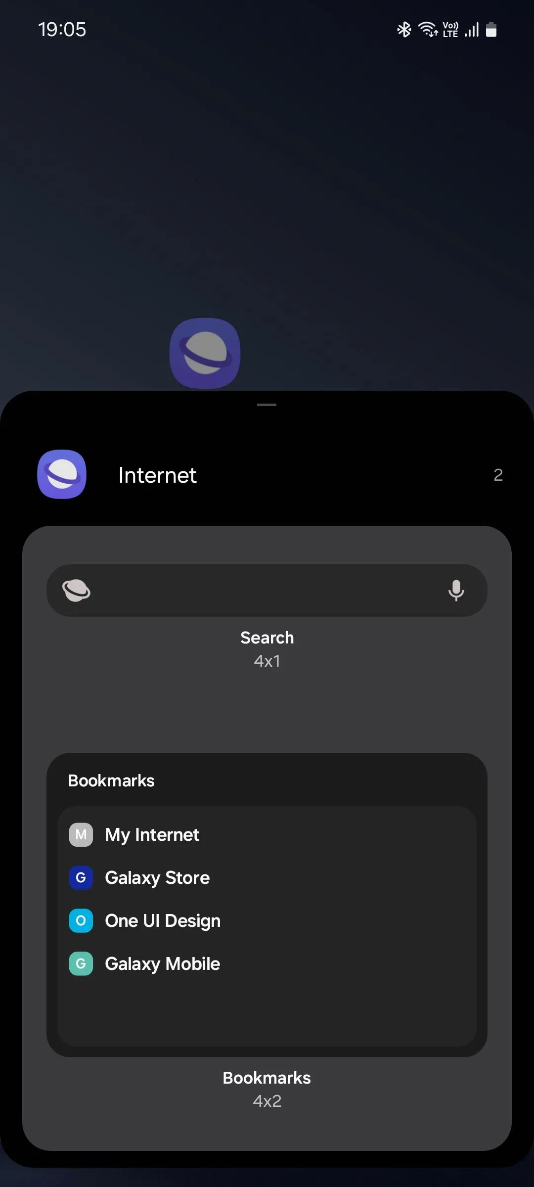 Danh sách các widget có sẵn của ứng dụng Samsung Internet trên điện thoại Galaxy.