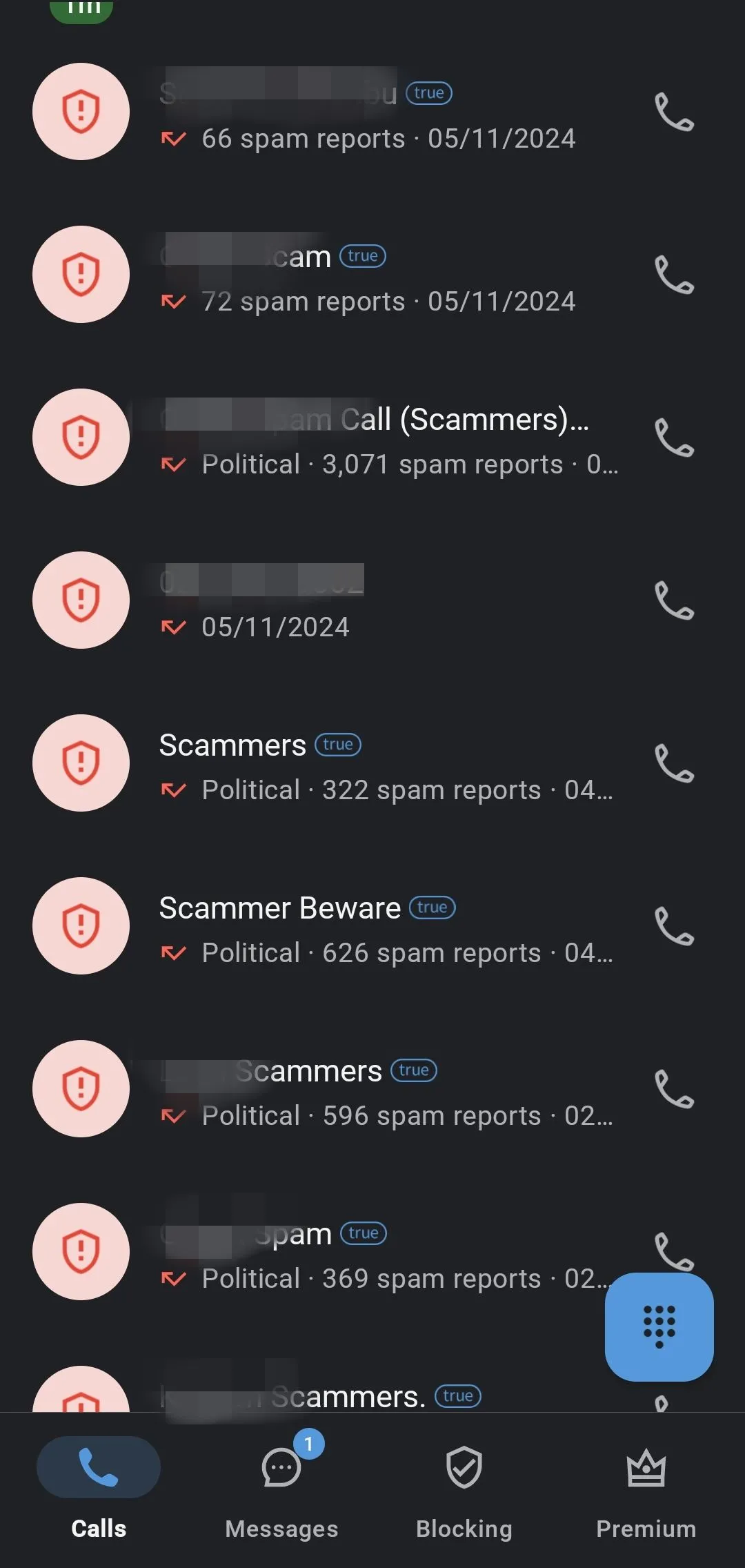 Danh sách cuộc gọi trong Truecaller hiển thị các số bị nghi ngờ là lừa đảo