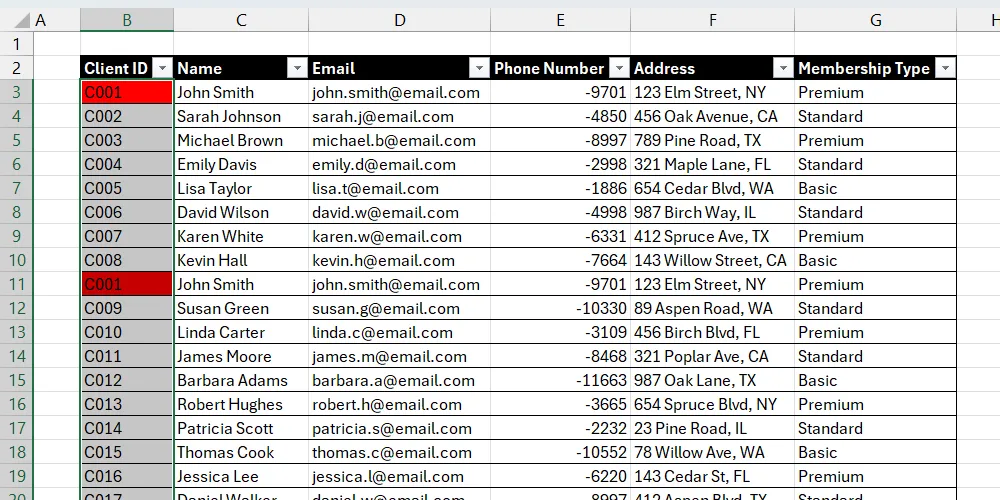 Danh sách khách hàng trong Excel đã tô màu các tên trùng lặp bằng Định dạng có điều kiện.