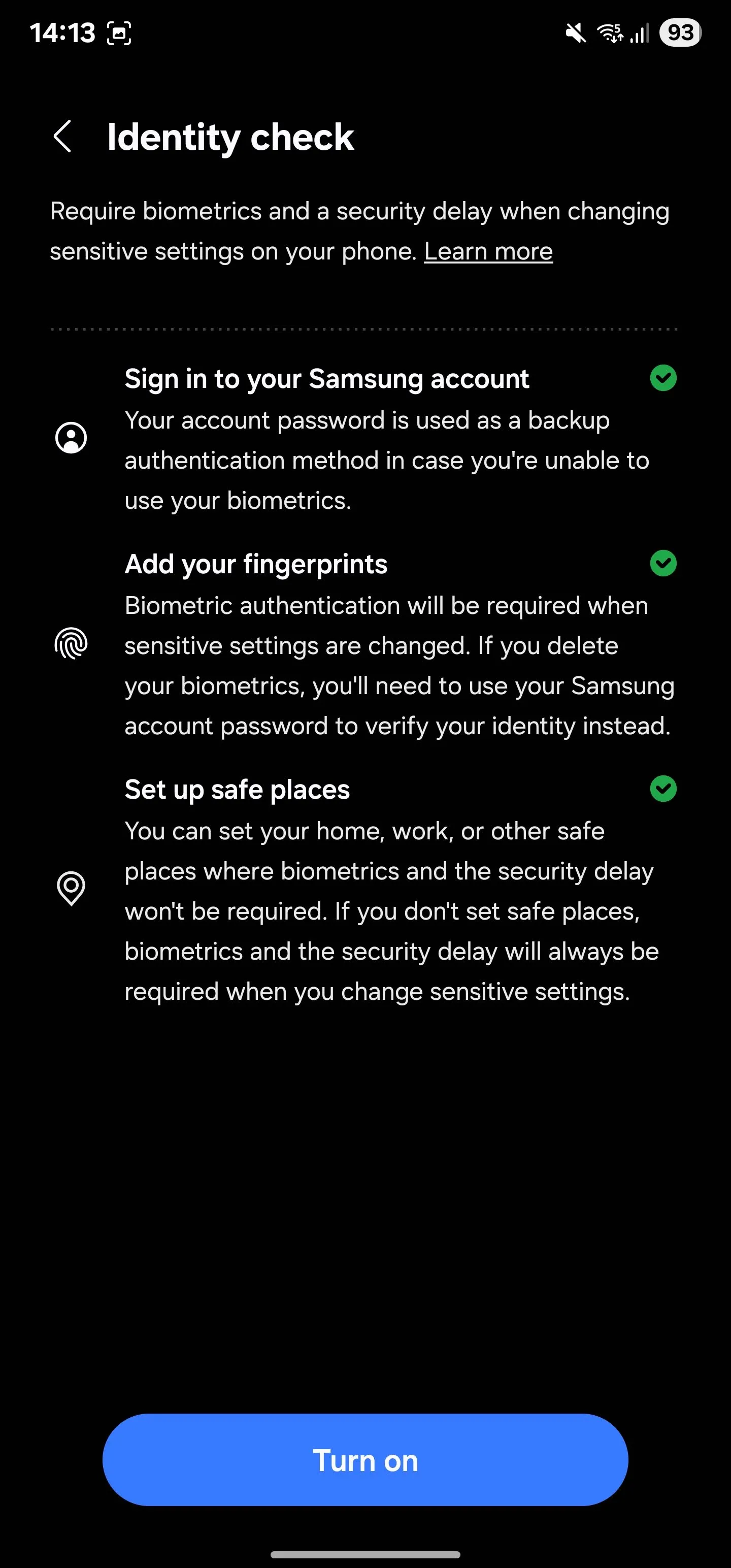 Danh sách kiểm tra để kích hoạt tính năng Kiểm tra danh tính (Identity Check) trên điện thoại Samsung Galaxy, bao gồm các yêu cầu cài đặt.