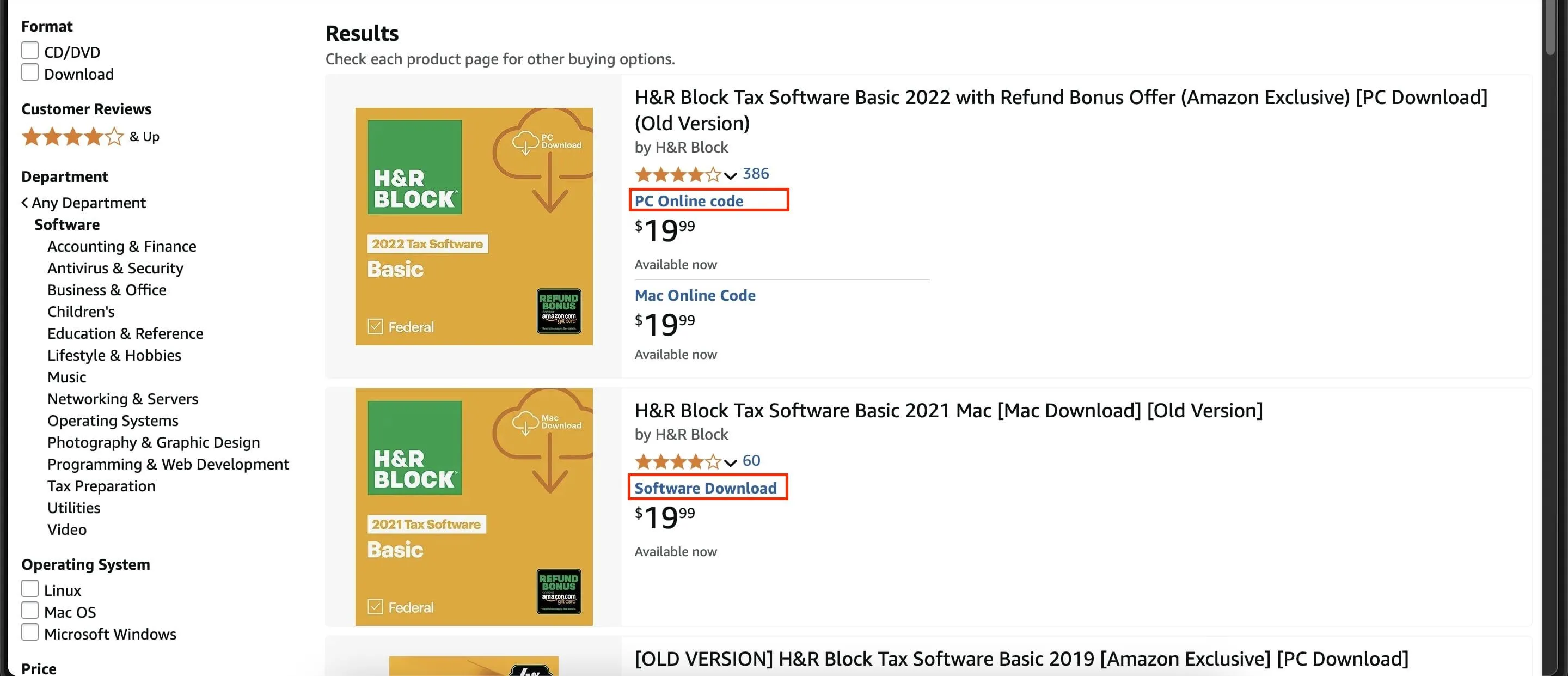 Danh sách phần mềm trên Amazon hiển thị các phương thức phân phối khác nhau như mã trực tuyến, tải xuống và đĩa CD-ROM