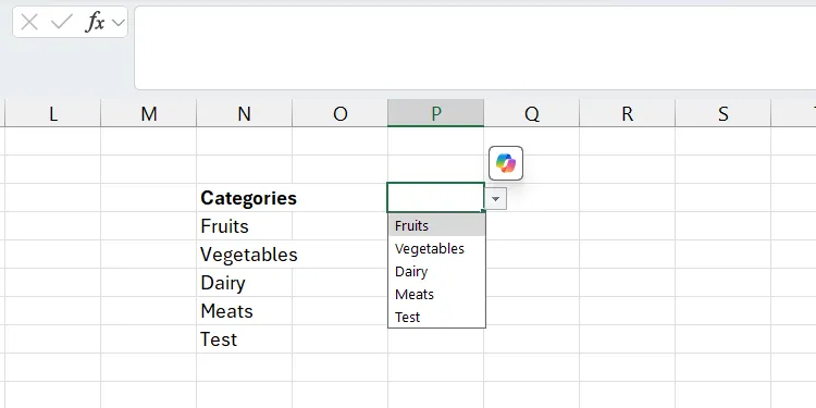 Danh sách thả xuống trong Excel đã được làm sạch với TRIMRANGE, không còn khoảng trống thừa.