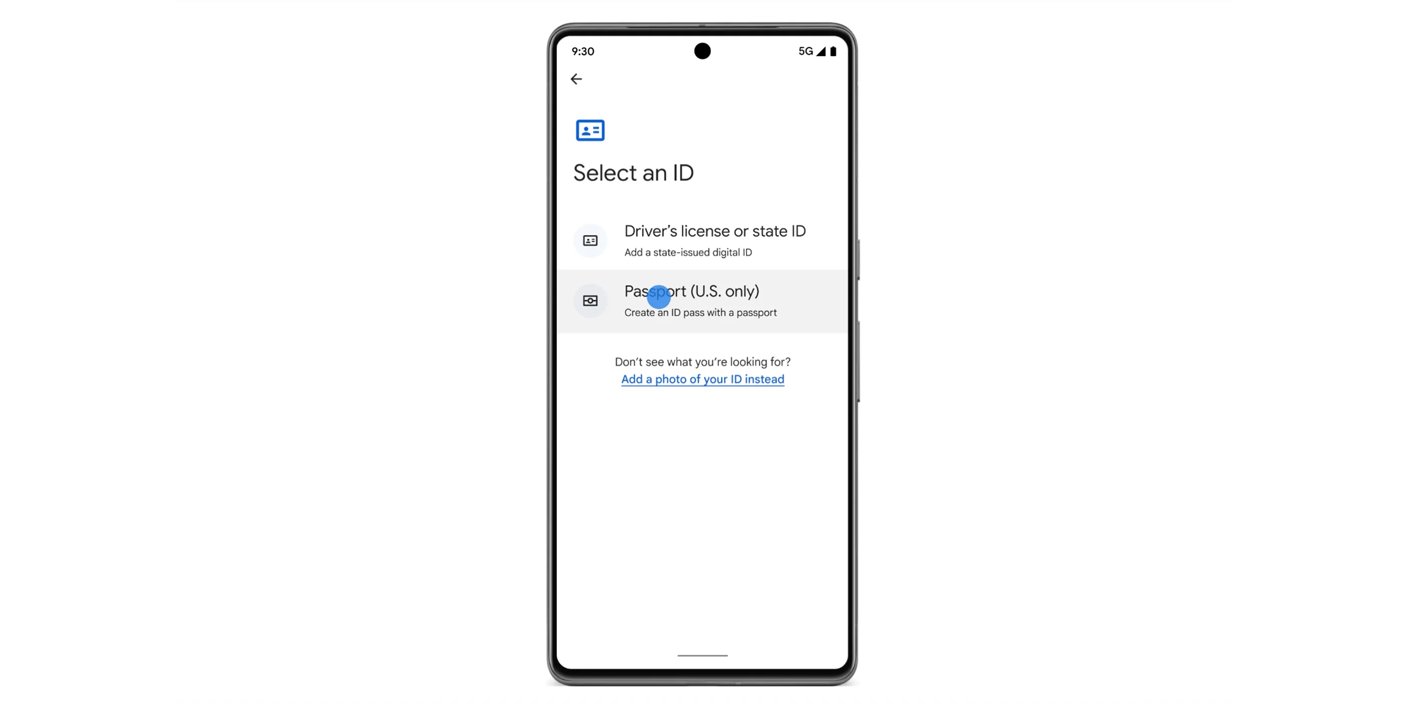 Điện thoại Android hiển thị giao diện Google Wallet với tùy chọn thêm hộ chiếu và ID số hóa