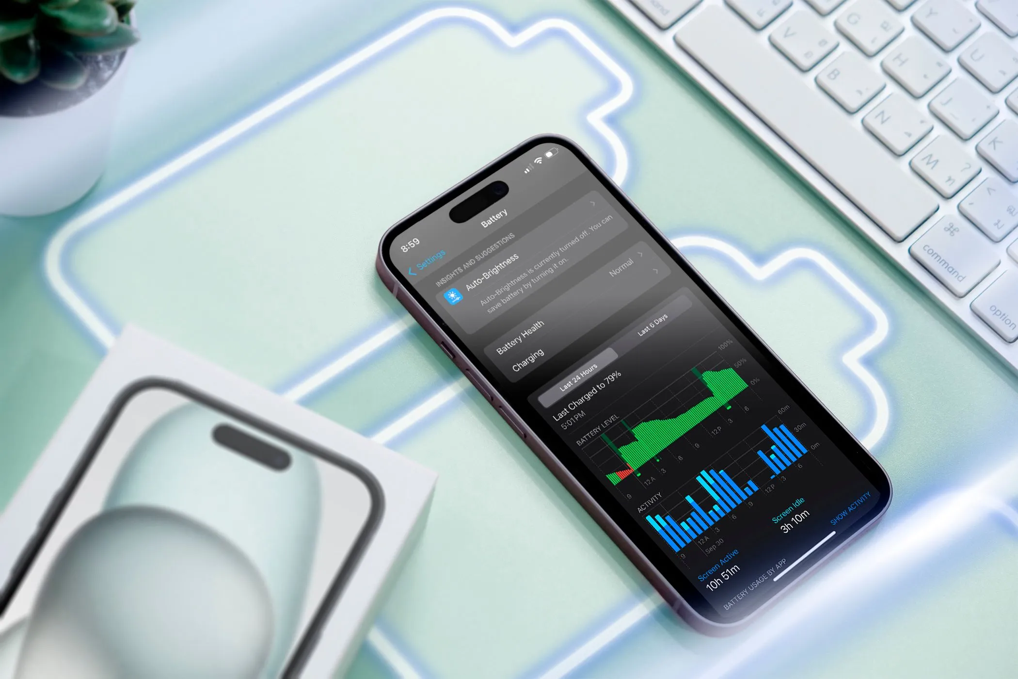 Điện thoại iPhone hiển thị mức sử dụng pin và các biểu tượng pin