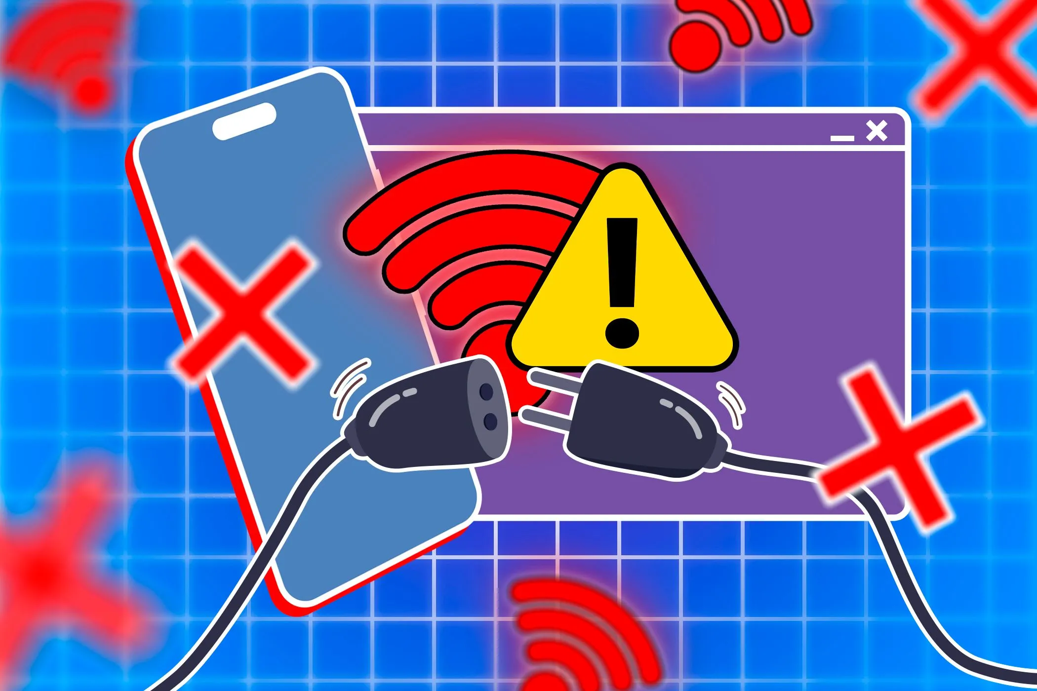 Điện thoại thông minh hiển thị biểu tượng Wi-Fi và cảnh báo, minh họa giải pháp dự phòng khi gặp sự cố kết nối internet.