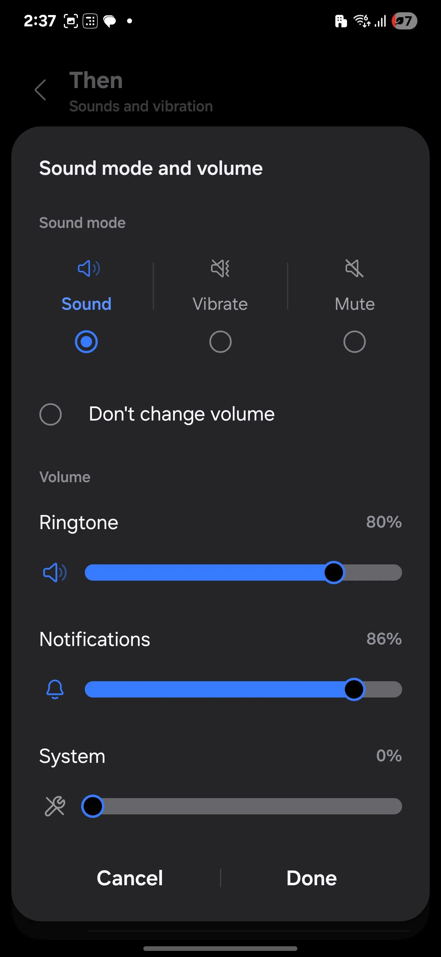 Điều chỉnh âm lượng hệ thống trong Chế độ &amp; Quy trình Samsung: Kéo thanh trượt về 0% để tắt âm chụp ảnh.