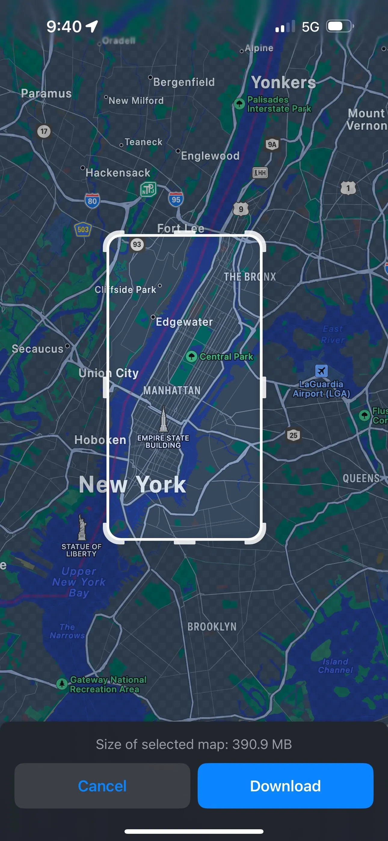 Điều chỉnh kích thước bản đồ New York City ngoại tuyến trong Apple Maps iOS 17